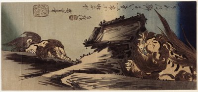 Deux lions sur une falaise - Ando or Utagawa Hiroshige