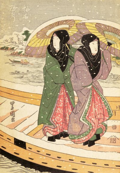 Femmes marchant sur un pont sous la neige, pub.1848 - Ando or Utagawa Hiroshige