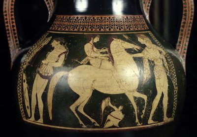Amphore à figures blanches représentant des amazones se préparant à la bataille, vers 525-520 av. J.-C. (détail) - Andokides Painter
