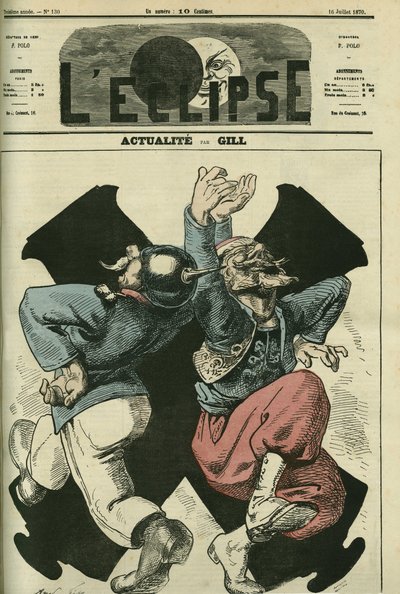Actualités, soldat prussien et français dansant devant les canons de la guerre franco-prussienne. Couverture dans « L