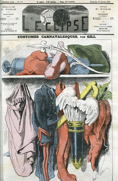 Costumes de carnaval, un costume de canonnier pour Napoléon III, le bonnet républicain pour Duvernois, un costume de bourreau pour Bismarck... Couverture dans « L