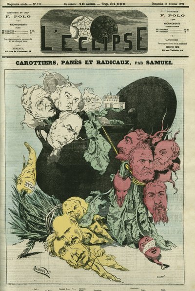 Carottes, poireaux et radicaux, les différents partis politiques en légumes dans le pot du pouvoir. Dessin remplaçant la caricature de Gill, censurée. Couverture de « L