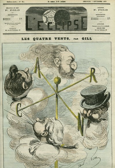 Caricature « Les Quatre Vents », symbolisant les quatre partis politiques. Couverture dans « L