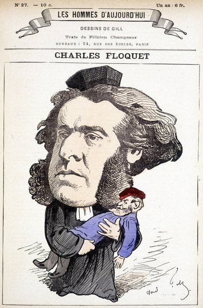 Caricature de Charles Floquet (1828-1896), avocat et président du Conseil entre 1888 et 1889. Il a blessé le général Boulanger en duel, dont il combattait les idées. Dessin de Gill dans « Les Hommes d