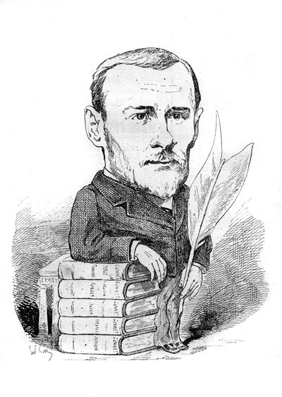 Caricature de Georges Ohnet (1848-1918), écrivain français représenté avec ses livres et sa plume. Dessin d