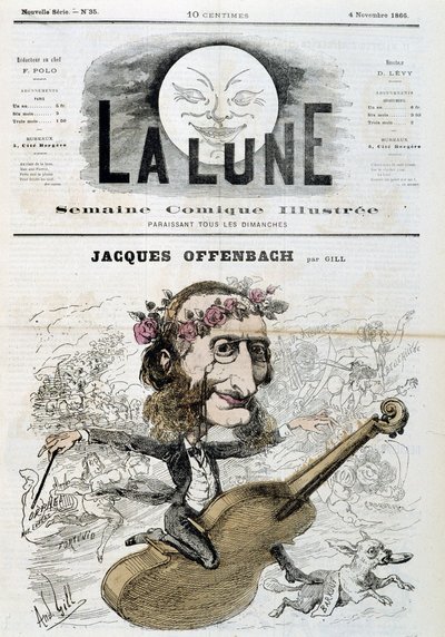 Caricature de Jacques Offenbach (1819 - 1880), chevauchant un violon - par Gill dans « La Lune » du 04/11/1866 - Andre Gill