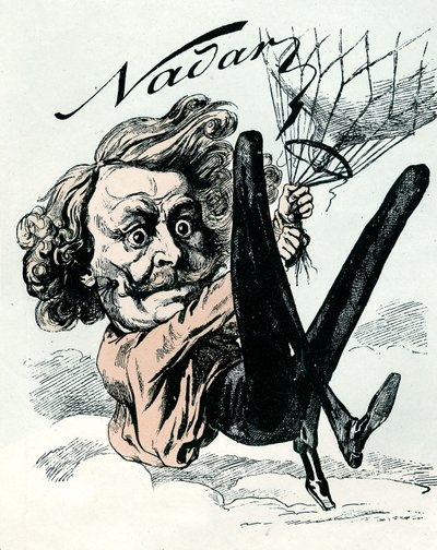 Caricature de Félix Nadar, pionnier de la photographie aérienne en 1858, ici suspendu à son ballon (gravure) - Andre Gill