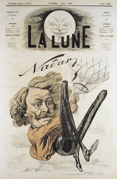 Caricature de Félix Nadar, pionnier de la photographie aérienne en 1858, ici suspendu à son ballon - Andre Gill