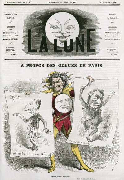 Caricature sur un livre « Les Odeurs de Paris » de Louis Veuillot (1813-1883), écrivain français. Caricature de Gill, dans « La Lune », 9 décembre - Andre Gill