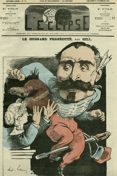 Caricature "le hussard persécute (par Marianne lui faisant son nez), Monsieur de Saint-Genest (Saint Genest). Couverture de "L