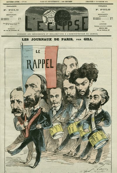 Caricature « le rappel » de la République par les journaux parisiens, avec Paul Meurice, Auguste Vacquerie, Gaulier, Blum, Lefevre, D