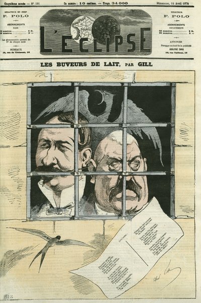Hippolyte de Villemessant (1810-1879), fondateur du Figaro et Francis Magnard (1837-1894) journaliste et principal collaborateur de Villemessant. Le journal sera supprimé sous la Commune et rétabli sous Thiers. Couverture dans « L