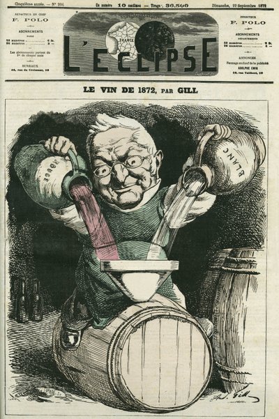 Le vin de 1872, illustration par Adolphe Thiers mélangeant vin blanc et vin rouge (1797-1877), historien et homme d