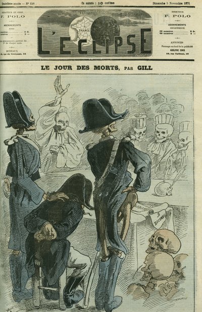 Le jour des morts, Napoléon III jugé devant une assemblée de squelettes pour la défaite de Sedan. Couverture de « L