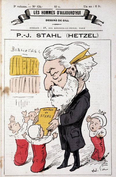 Portrait-charge de Pierre Jules Hetzel offrant les œuvres de Stahl (son pseudonyme) aux tout-petits, « Les Hommes d