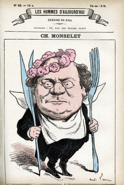 Portrait de Charles Monselet (1825-1888), poète, journaliste, romancier et gastronome français. Caricature par Gill, dans « Les Hommes d