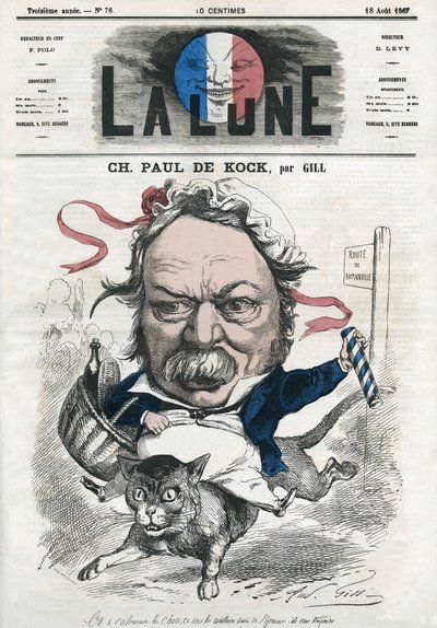 Portrait de Charles Paul de Kock (1793-1871), romancier populaire français. Caricature de Gill, dans « La Lune », 18 août - Andre Gill