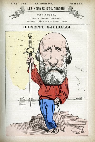 Portrait de Giuseppe Garibaldi (1807-1882), homme politique italien. Caricature par Gill, dans « Les Hommes d