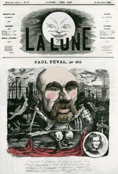 Portrait de Paul Féval (1816-1887), écrivain français. Caricature par Gill, dans « La Lune », 16 décembre - Andre Gill