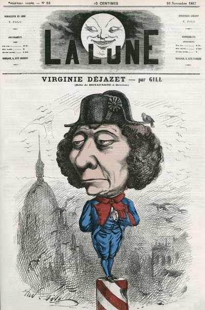 Portrait de Virginie Déjazet (1798-1875), actrice française dans le rôle de Bonaparte. Caricature de Gill, dans "La Lune", 10 novembre - Andre Gill