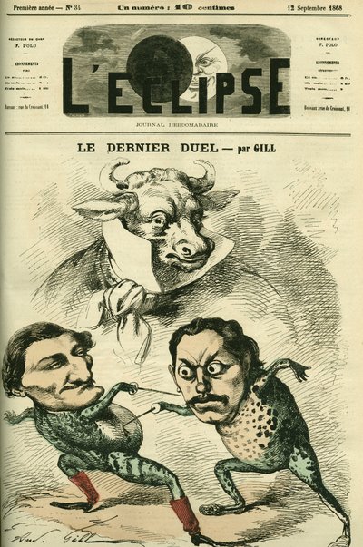 Le dernier duel, Prosper-Olivier Lissagaray (1838-1901) et Paul Granier de Cassagnac (1842-1904) voulant être aussi grands que des bœufs, représentant Alfred de Musset et Victor Hugo. Couverture dans "L