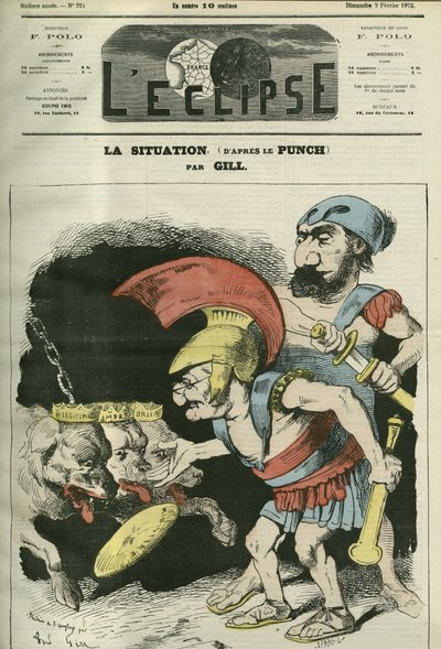La situation, caricature par Adolphe Thiers (1797-1877) et Léon Gambetta (1838-1882) donnant un ministère aux chiens royalistes et bonapartistes. Couverture de « L
