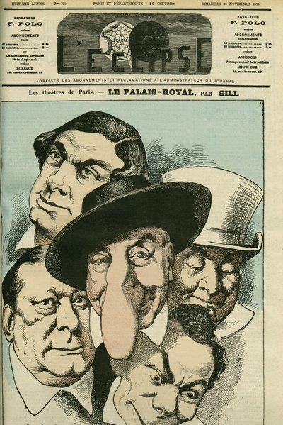 Le théâtre "Le Palais royal" avec Geoffroy, Jules Brasseur (1829-1890), Hyacinthe, Lassouche et Lheritier, acteurs français. Couverture de "L