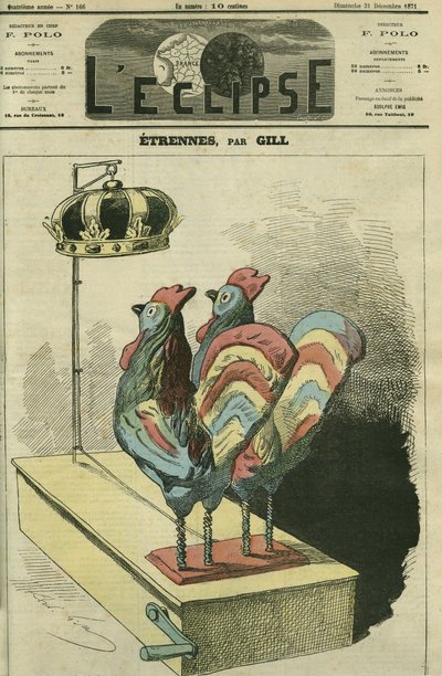 Les deux coqs sont couronnés. Couverture dans « L