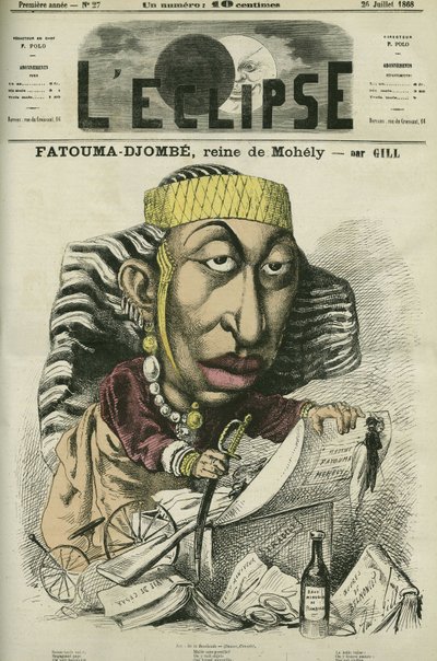 Zombe-Fatoum (1836-1878), reine de Mohéli aux Comores, en visite en France en 1868. Elle est aussi appelée Djombe-Fatouma ou Jumbe Fatouma ou Jumbe Fatima. Couverture dans « L