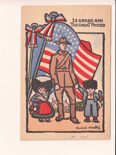 Carte postale, satirique en couleurs : Le grand ami - Guerre de 14-18, Amérique, Alsace Lorraine Illustration par André Hellé (1875-1945) - Andre Helle