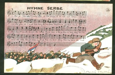 Carte postale satirique en couleurs : Hymne serbe - Guerre de 14-18, chanson, Serbie - Illustration de soldats par André Hellé (1875-1945) - Andre Helle