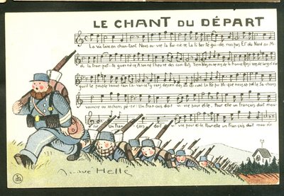 Carte postale satirique en couleurs : Le chant du départ - Guerre de 14-18, chant - Illustration de soldats par André Hellé (1875-1945) - Andre Helle
