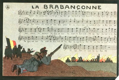 Carte postale, satirique en couleurs, vers 1915: La brabançonne - Guerre de 14-18, Belgique, Chant - Illustration de soldats par André Hellé (1875-1945) - Andre Helle