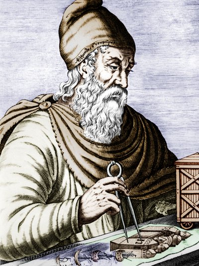 Archimède (287-212 av. J.-C.), physicien et mathématicien sicilien grec, document colorisé en gravure - Andre Thevet