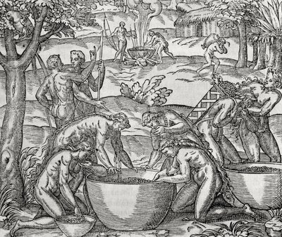 Cap de Frie, femmes préparant de la nourriture, gravure, Amérique du Sud - Andre Thevet