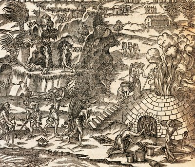 Esclaves indiens travaillant dans une mine à Cuba, Illustration de la Cosmographie par André Thevet, gravure - Andre Thevet