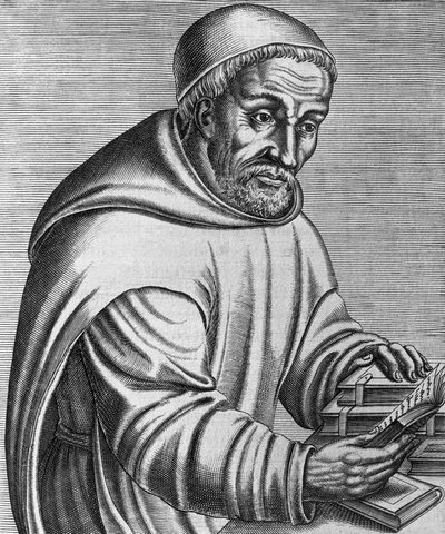 Portrait de Raban Maur Magnence (mort en 856), moine bénédictin et théologien allemand, gravure de Les vrais pourtraits et vies des hommes illustres grecs, latins et païens, par André Thevet - Andre Thevet