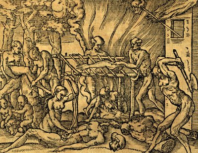 Tribu cannibale Tupinamba au Brésil, gravure de Les singularitez de la France antarctique, par André Thevet (1504-1592), Paris - Andre Thevet