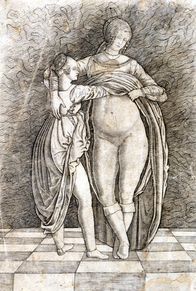 Une jeune fille déshabille une femme. Gravure d
