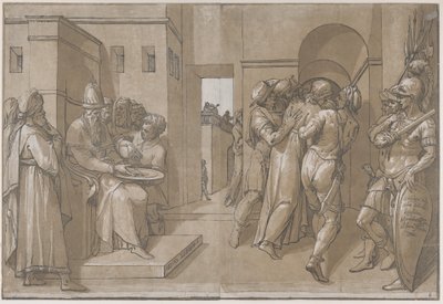 Le Christ est emmené, des soldats se tiennent à droite de la feuille, 1585 - Andrea Andreani