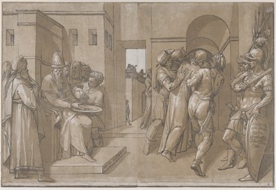 Pilate à gauche se lavant les mains côté gauche de la feuille, 1585 - Andrea Andreani