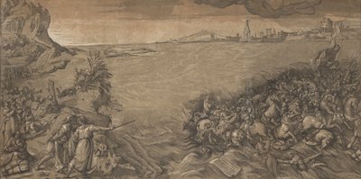 La traversée de la mer Rouge, Moïse se tient à gauche pointant vers l