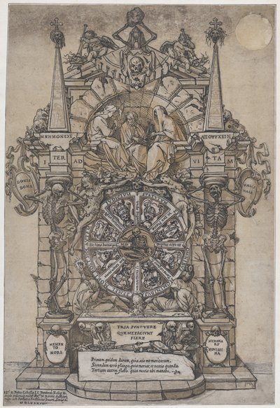 Triomphe de la Mort avec trois Parques dans un cadre architectural au-dessus d
