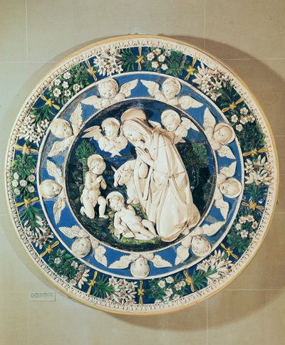Adoration de la Vierge avec Saint Jean-Baptiste et deux chérubins (terre cuite émaillée polychrome) - Andrea Della Robbia