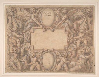 Un cartouche et deux boucliers entourés de figures allégoriques - Andrea Lilli