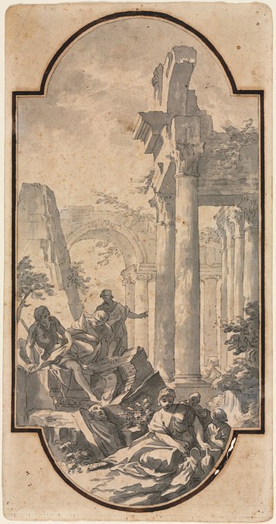 Figures près des ruines d