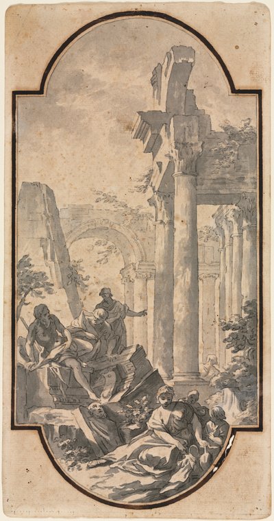Figures près des ruines d