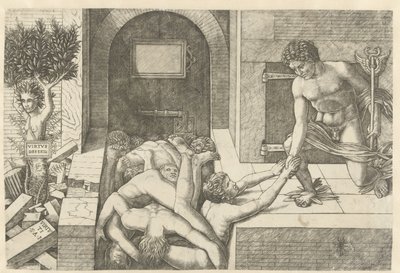 Mercure en tant que personnification de la Vertu sauve des âmes au purgatoire et Daphné se transforme en arbre - Andrea Mantegna (school of)