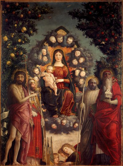 Retable Trivulzio « La Sainte Conversation » La Vierge et Jésus-Christ représentés dans une mandorle. Ils sont entourés de Saint Jean-Baptiste, du Pape Saint Grégoire Ier le Grand (540-604), de Saint Jérôme (portant une église et des livres), de Saint Beno - Andrea Mantegna