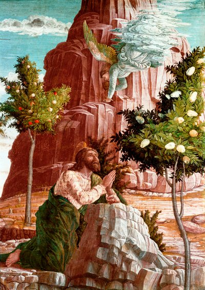 Christ priant au Jardin des Oliviers. Détail. Prédelle du retable de San Zeno de Vérone. Peinture sur bois d